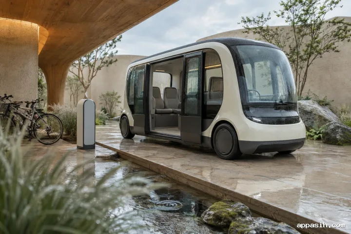 Detailed three-quarter view of an unbranded electric shuttle opening its doors at a rain-cooled landscaped transit terminal with bicycles, wet grasses, and a rippling water channel.