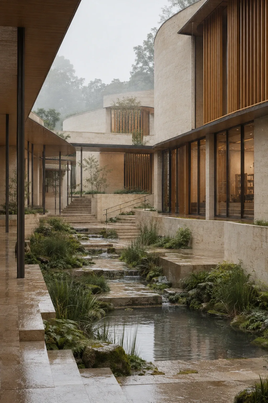 Portrait view of a contemporary limestone civic archive surrounding a rain-fed sunken courtyard with timber screens, reflective water channels, grasses, ferns, and wet stone after morning rainfall.