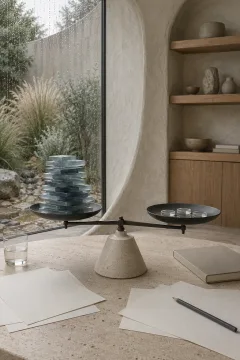 Portrait editorial concept showing a sculptural balance on a pale limestone research desk, with many translucent glass tiles weighed against three clear discs in a calm rain-cooled contemporary room.