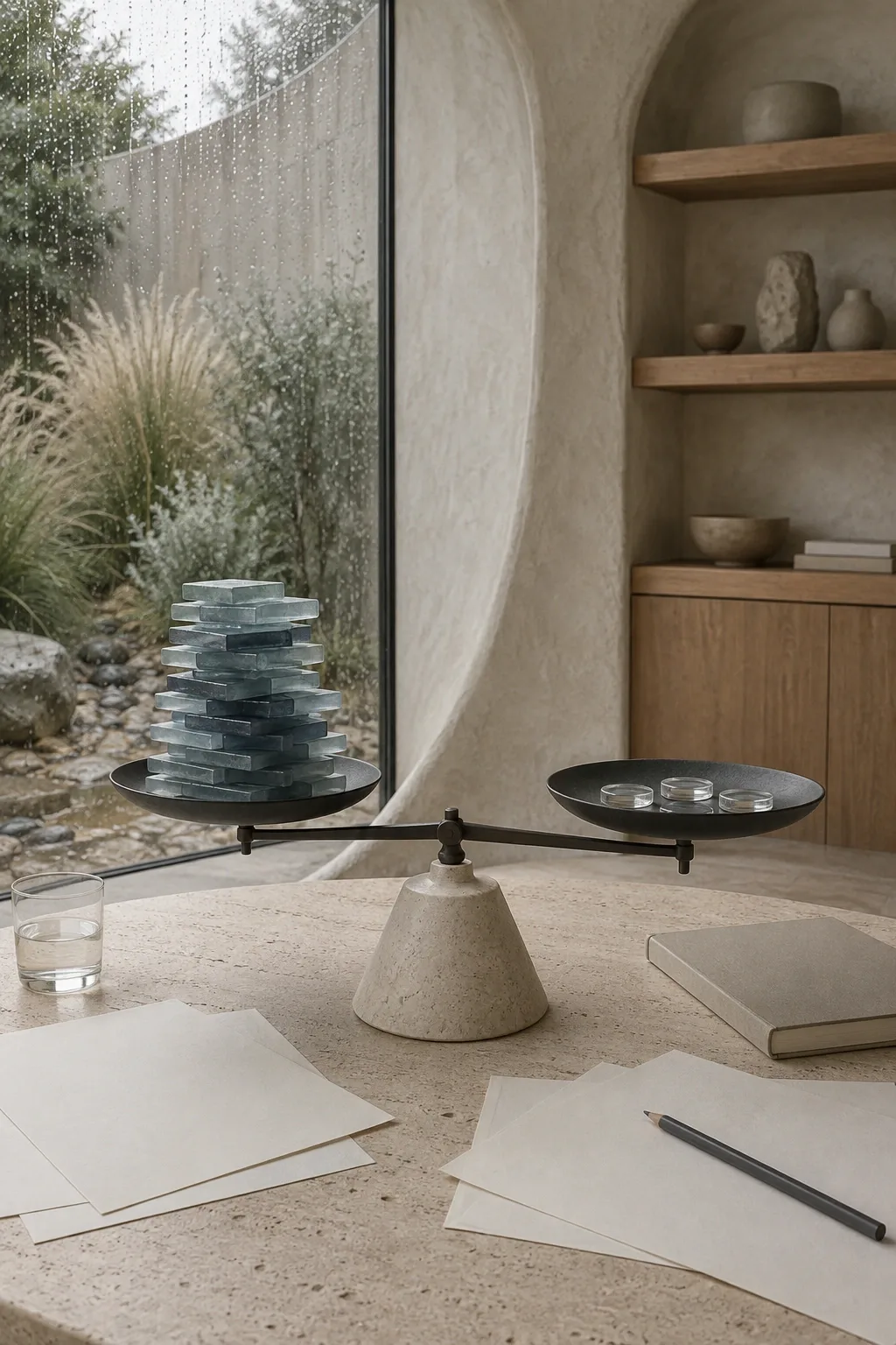Portrait editorial concept showing a sculptural balance on a pale limestone research desk, with many translucent glass tiles weighed against three clear discs in a calm rain-cooled contemporary room.