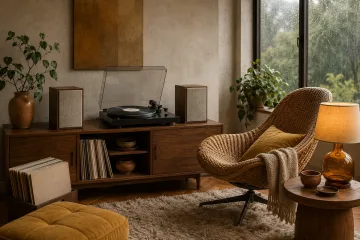 A warm 1970s-inspired listening room with a walnut turntable console, blank-label vinyl records, woven lounge chair, amber lamp, and rain-beaded windows.