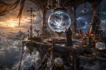 Concept art of a glowing coral observatory on a sea cliff where robed archivists gather luminous pearls at twilight.