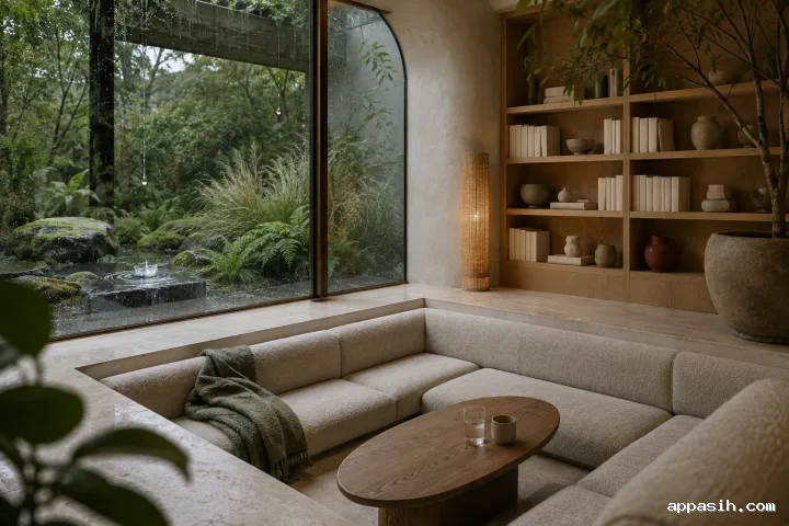 Detailed three-quarter view of a sunken contemporary reading conservatory with oatmeal seating, oak shelving, warm lamp light, and rain-beaded garden glazing.