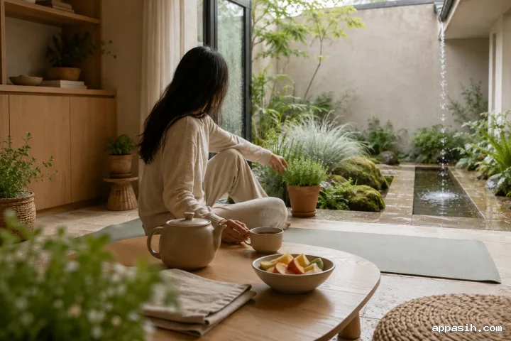 Closer three-quarter view of an anonymous adult tending a herb pot during a peaceful post-rain morning with tea, fruit, stretching accessories, and a rain-washed courtyard.