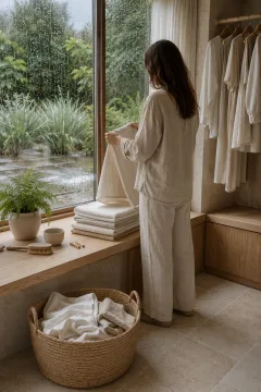 Anonymous adult folding neutral linen towels beside a pale oak window bench and woven laundry basket in a calm contemporary home after morning rain.