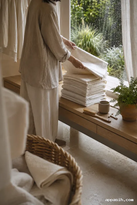Closer elevated view of an anonymous adult smoothing an ivory linen towel beside a woven laundry basket and rain-beaded window in a serene contemporary home.