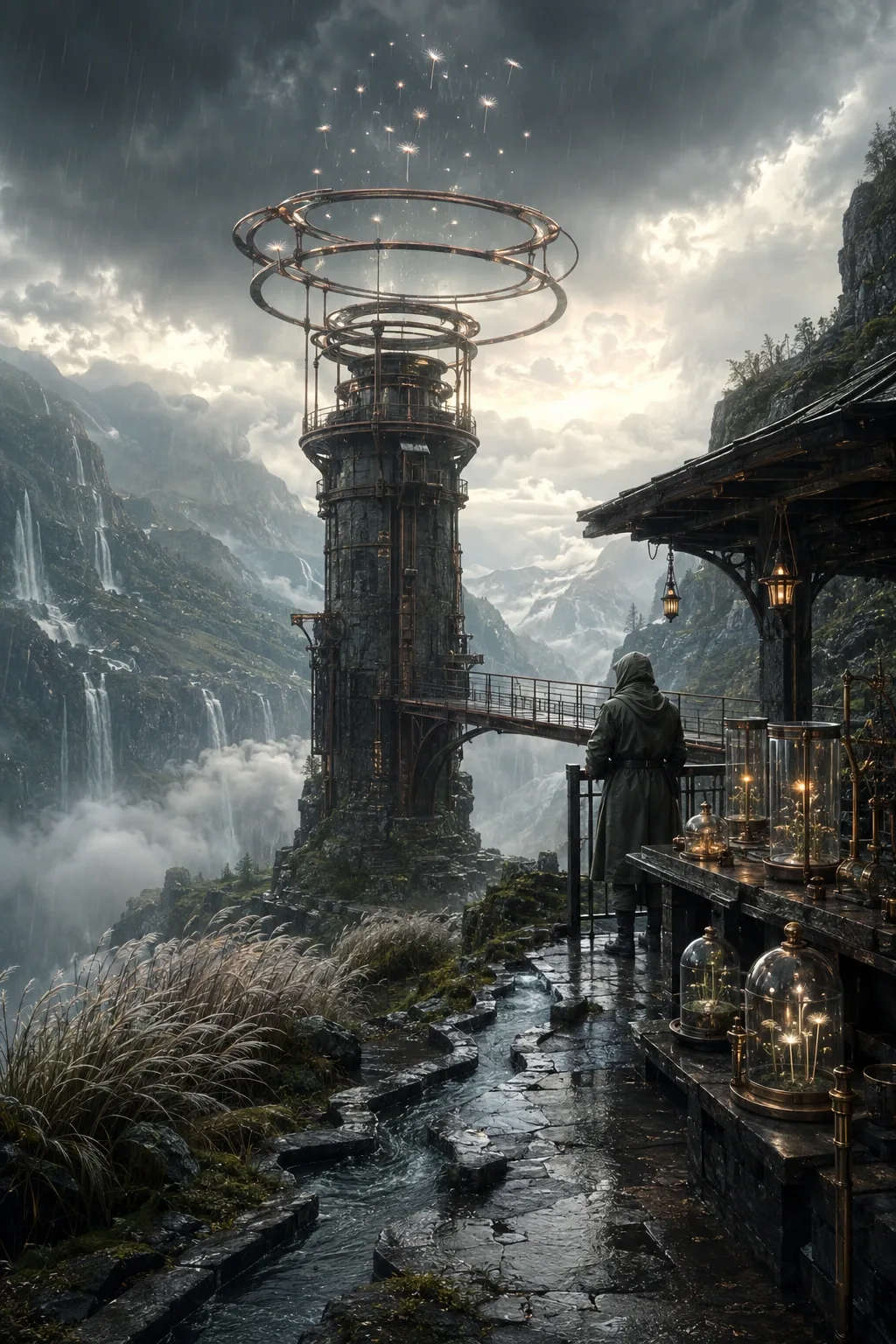Portrait science-fantasy concept art of a rain-soaked mountain observatory collecting glowing skyseeds beneath storm clouds.