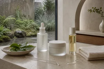 Landscape commercial beauty scene with three unbranded botanical skincare vessels on a pale limestone vanity beside rain-beaded glazing and a lush wet courtyard.