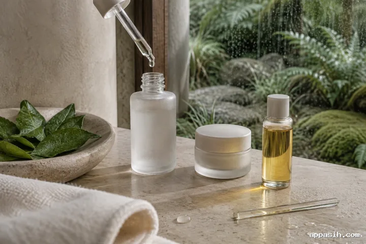 Close three-quarter landscape view of three unbranded botanical skincare vessels on damp limestone, with a serum droplet suspended above an open bottle and rain-softened greenery beyond.