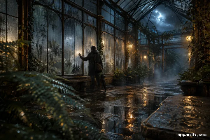 Closer cinematic view of an anonymous traveler pausing inside a rain-soaked glasshouse corridor at night as cool moonlight mixes with warm amber lamps across wet stone, mist, and condensation-covered glazing.