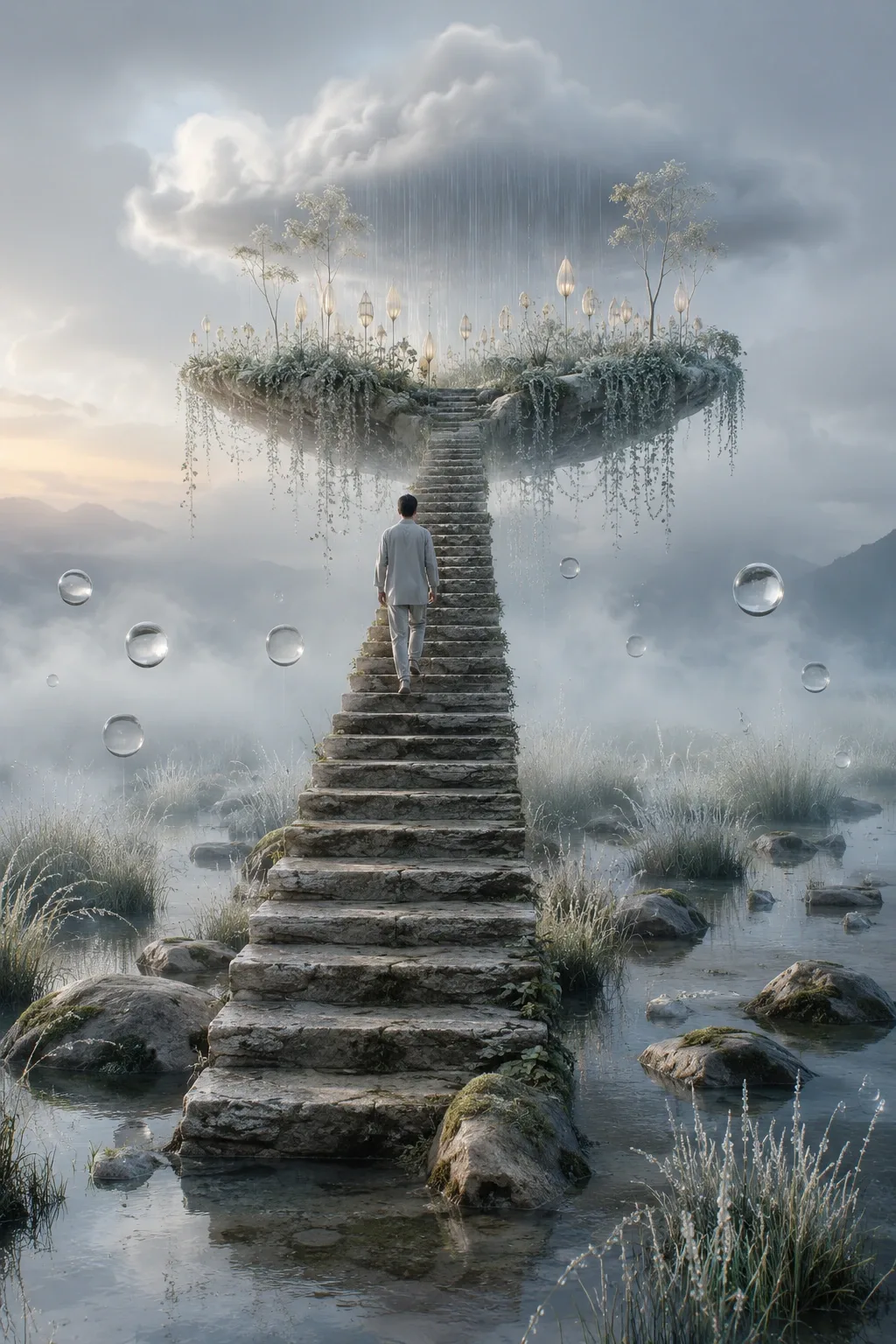 Anonymous traveler ascending a pale stone staircase through a misty meadow toward a floating rain garden beneath a silver cloud, surrounded by hovering water spheres and luminous plants.