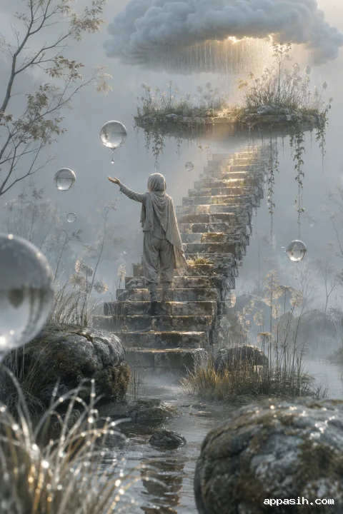Closer three-quarter view of an anonymous traveler pausing on a wet limestone staircase beneath a floating rain garden, reaching toward a suspended water sphere as pearl-gold dawn light crosses the mist.