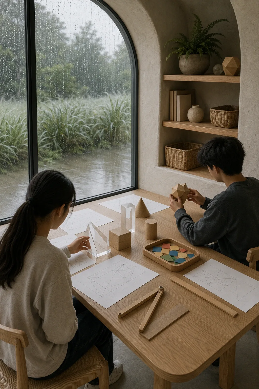 Two anonymous students explore wooden and translucent geometric learning objects at a pale oak table beside a rain-covered window in a serene modern study alcove.