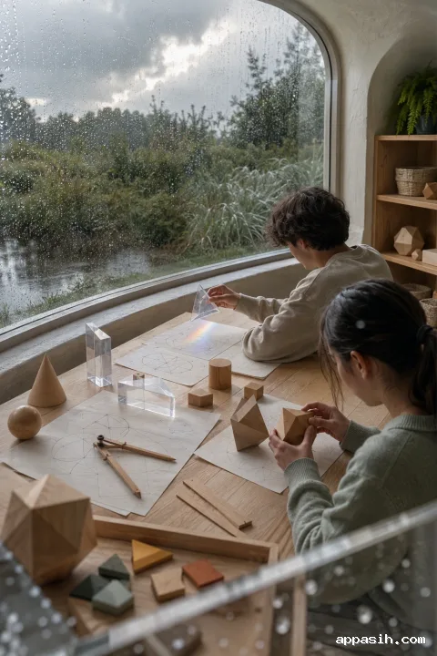 Close three-quarter view of two anonymous students studying tactile geometry as soft rainlight refracts through a translucent prism across their pale oak learning table.