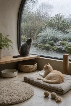 Two domestic cats relax in a serene pale-oak window corner beside rain-beaded glass overlooking a wet green garden.