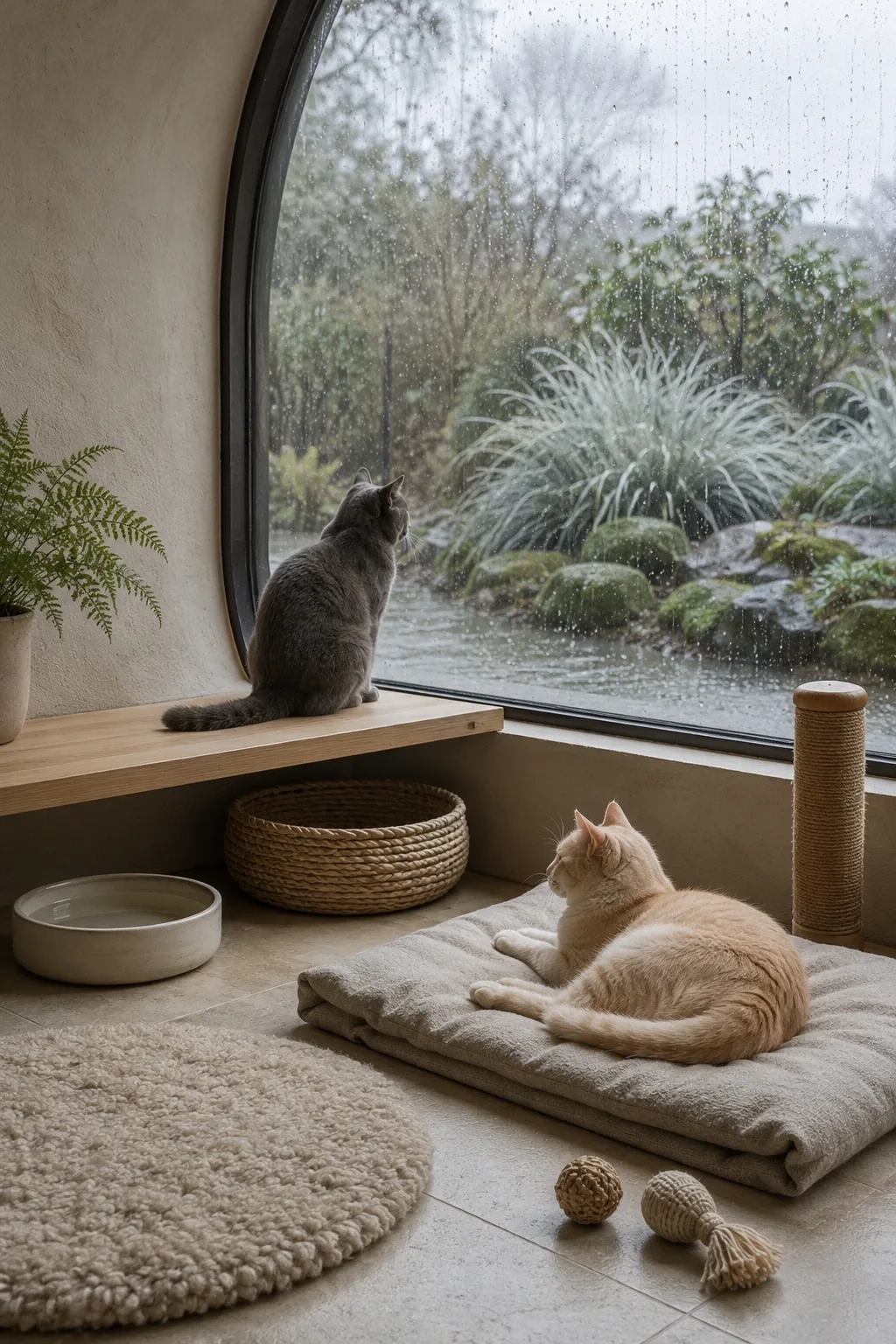 Two domestic cats relax in a serene pale-oak window corner beside rain-beaded glass overlooking a wet green garden.