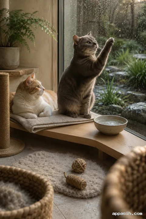 Two domestic cats rest beside a rain-beaded garden window as one gray cat lifts a paw toward a falling droplet in soft pearl-tinted morning light.