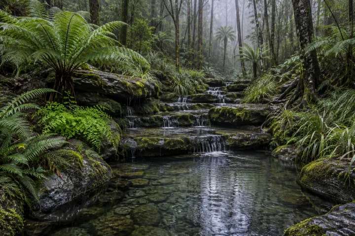 Rain-fed woodland spring cascading across mossy stone terraces beneath tree ferns and a misty green forest canopy.