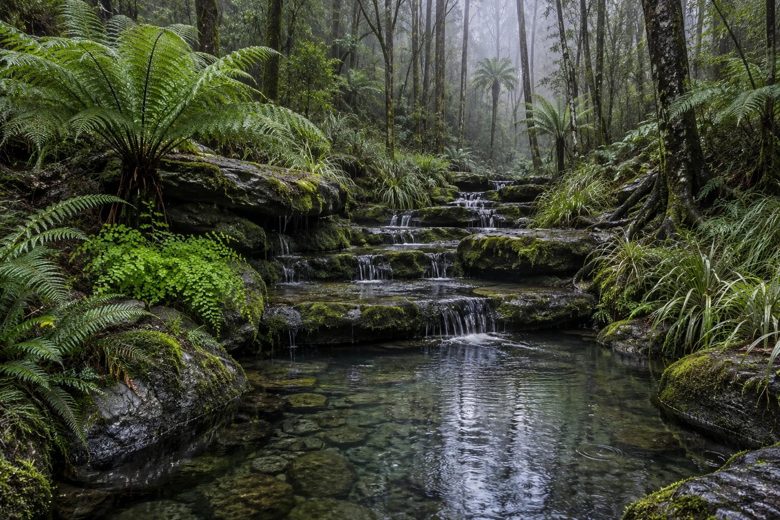 Rain-fed woodland spring cascading across mossy stone terraces beneath tree ferns and a misty green forest canopy.