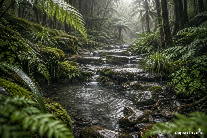 Close three-quarter view of a rain-fed forest spring flowing across moss-covered stone terraces beneath wet tree ferns and pearl-lit mist.