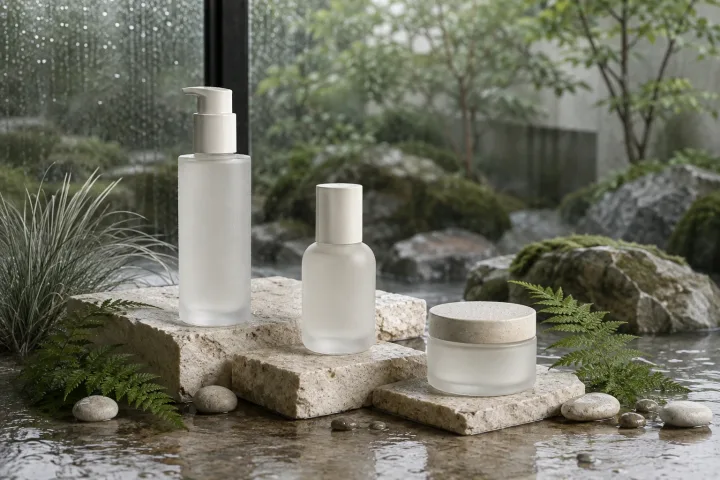 Three blank frosted-glass cosmetic vessels displayed on pale limestone blocks beside a rain-soaked botanical courtyard with ferns, mist, and soft overcast light.