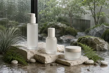 Three blank frosted-glass cosmetic vessels displayed on pale limestone blocks beside a rain-soaked botanical courtyard with ferns, mist, and soft overcast light.
