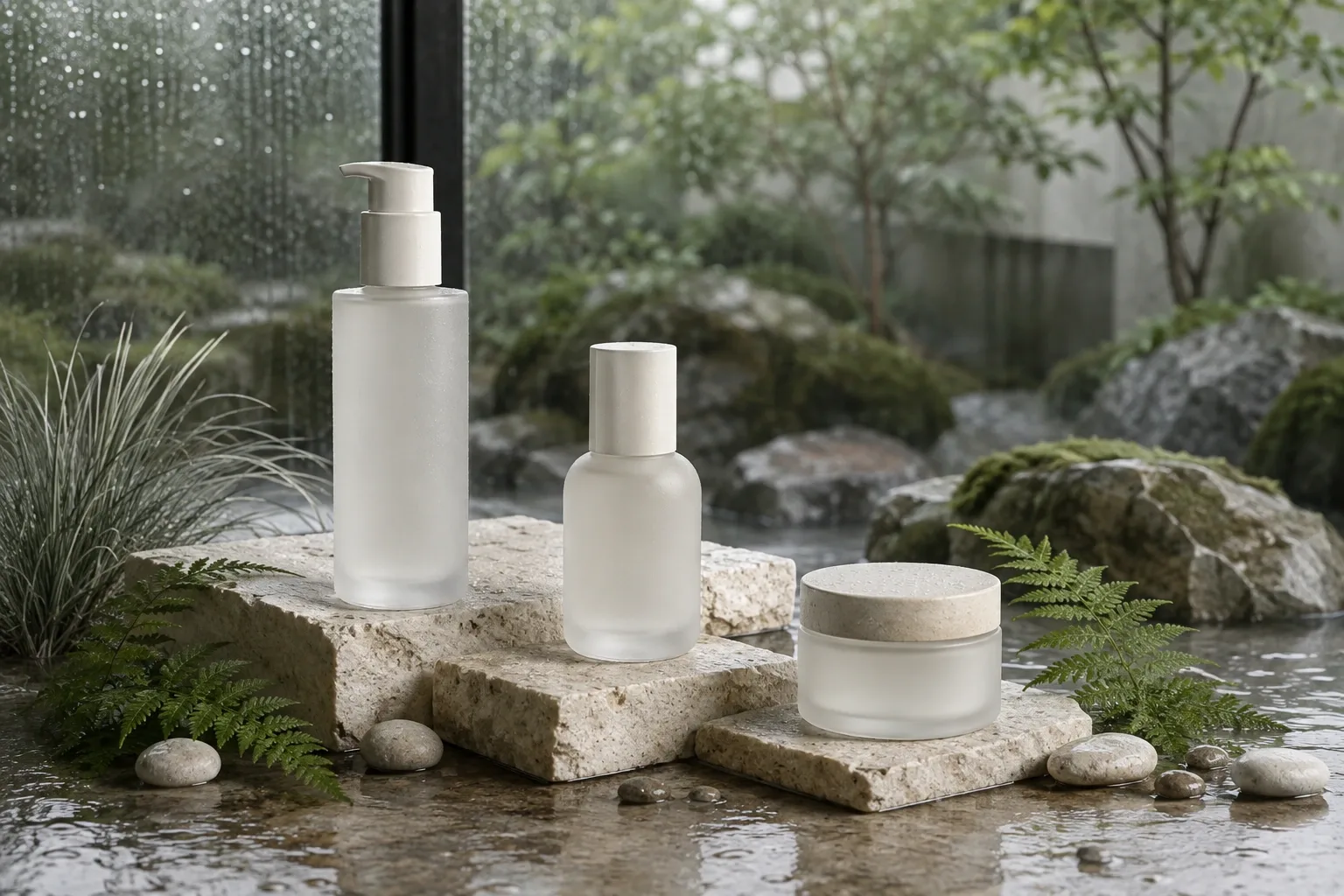 Three blank frosted-glass cosmetic vessels displayed on pale limestone blocks beside a rain-soaked botanical courtyard with ferns, mist, and soft overcast light.