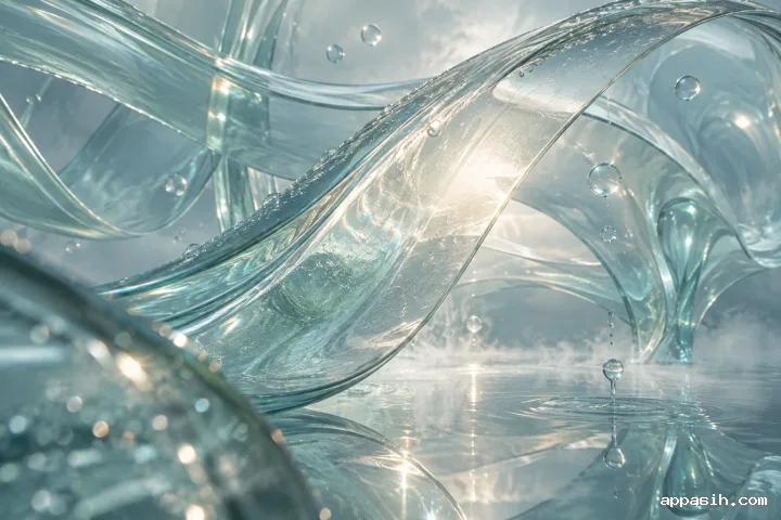 Close three-quarter view of translucent flowing glass ribbons with floating droplets, mist, reflective ripples, and subtle pearl-silver light refraction.