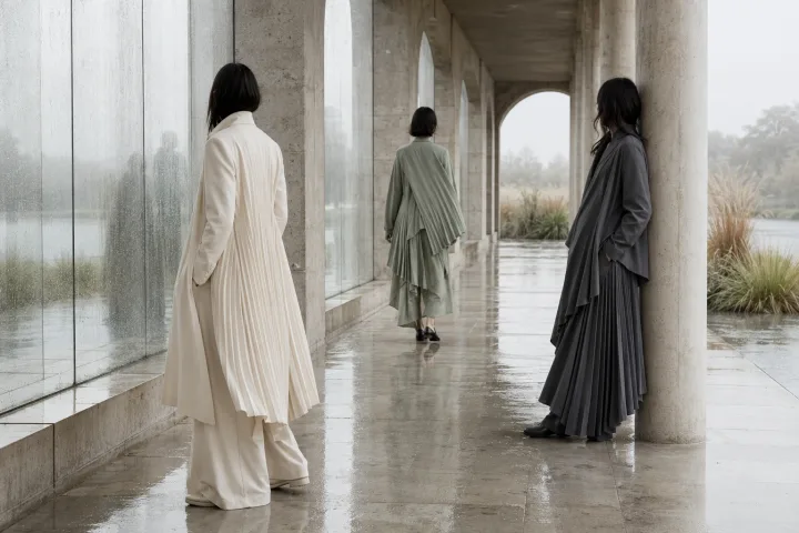 Three anonymous fashion models in sculptural pleated neutral outfits standing beneath a rain-soaked contemporary stone and glass arcade.