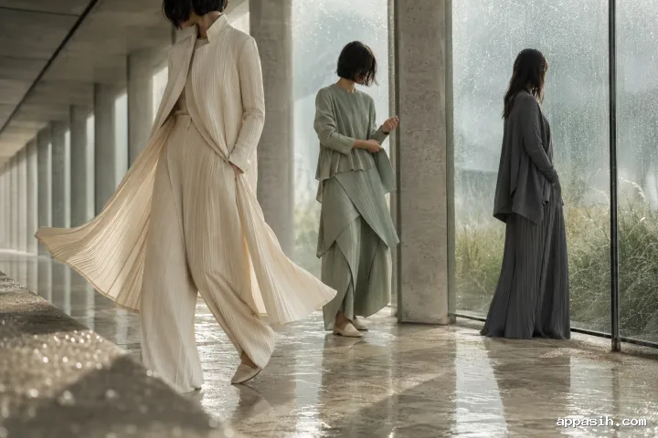 Three anonymous models in ivory, sage, and charcoal pleated fashion ensembles moving through a rain-beaded contemporary arcade with wet limestone reflections.