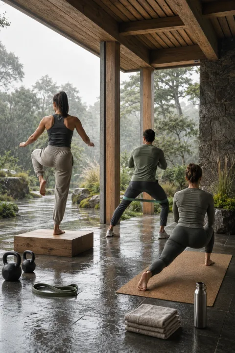 Three anonymous athletes performing balance, resistance-band, and mobility exercises inside a serene rain-covered timber-and-stone fitness pavilion.