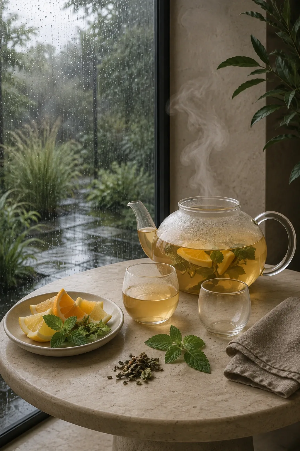 Steaming pale amber citrus herbal tea in a clear glass teapot with two cups, fresh citrus wedges, herbs, and linen beside rain-beaded garden glazing.