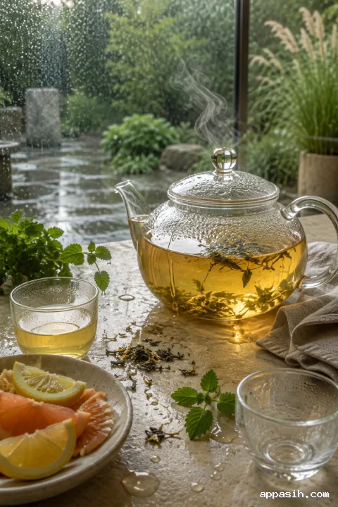 Close three-quarter view of a steaming clear teapot filled with pale amber citrus herbal infusion, surrounded by cups, citrus wedges, fresh herbs, condensation, and rainy garden details.
