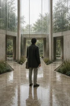 Anonymous adult pauses where three pale stone pathways diverge inside a quiet rain-washed glass atrium, creating an editorial metaphor for difficult decisions and uncertainty.