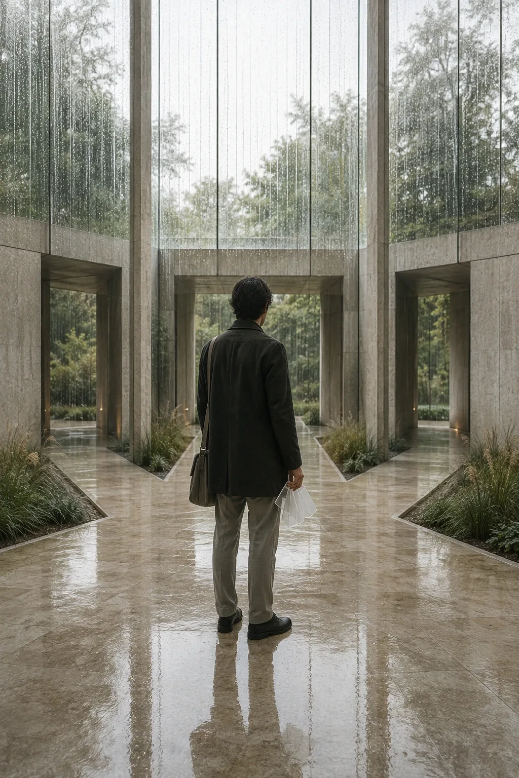 Anonymous adult pauses where three pale stone pathways diverge inside a quiet rain-washed glass atrium, creating an editorial metaphor for difficult decisions and uncertainty.