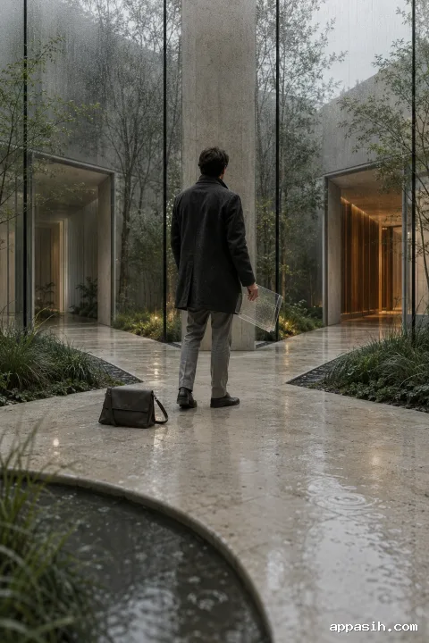 Closer low three-quarter view of an anonymous adult hesitating at three rain-wet branching walkways in a contemporary glass atrium, with subtle warm and cool light suggesting competing choices.