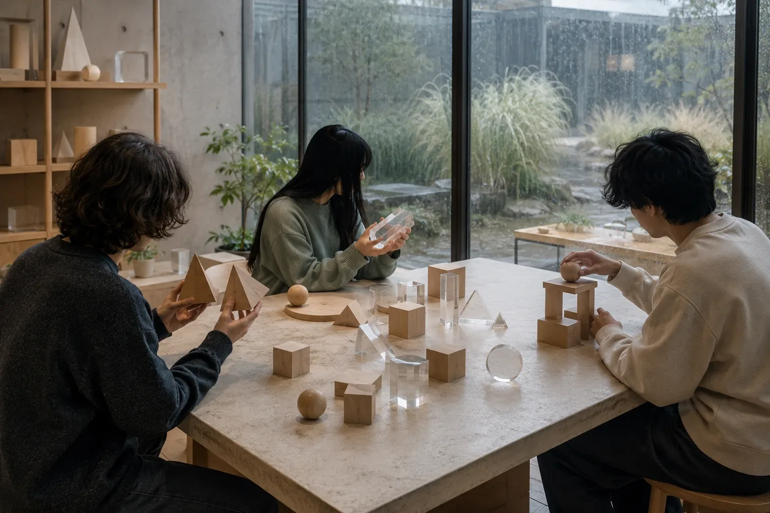 Three anonymous learners explore plain geometric solids and transparent prisms around a stone table in a serene modern learning studio beside rain-beaded windows.