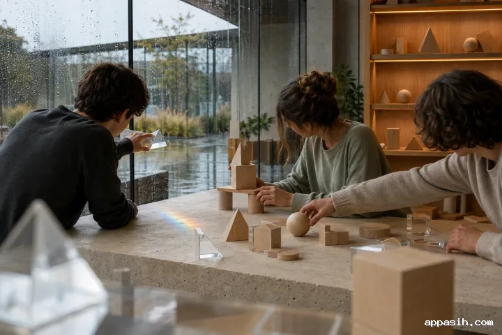 Closer three-quarter view of three anonymous learners studying wooden geometric solids and a transparent prism that casts a faint spectrum across a pale stone table in a rain-lit modern education studio.