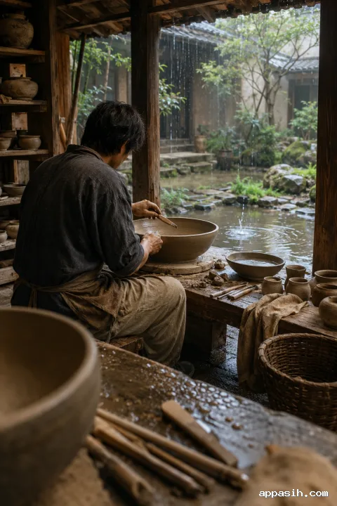 Close three-quarter view of an anonymous heritage pottery artisan smoothing the damp rim of an unfinished earthenware bowl as rain falls beyond a traditional timber courtyard workshop.