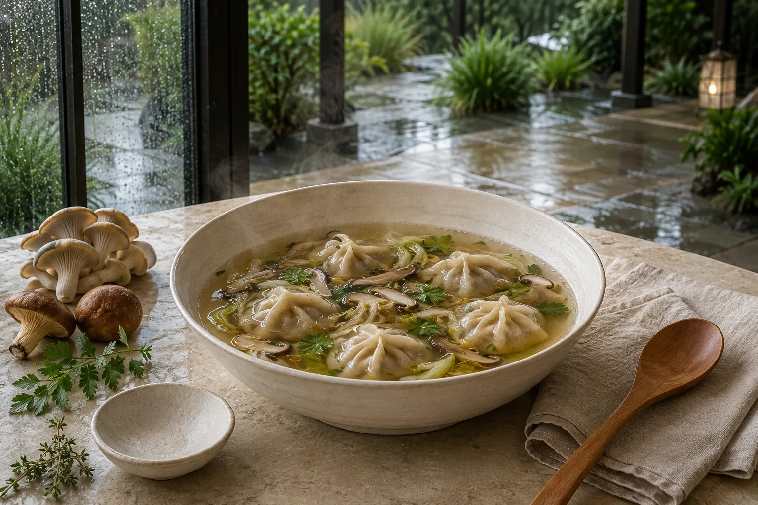 Steaming vegetable dumplings in clear mushroom and herb broth on a pale limestone table beside a rain-covered contemporary garden.