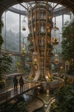 Portrait concept art of a rain-fed near-future botanical observatory centered on a tall cylindrical seed tower with suspended glass chambers, planted terraces, bridges, and two anonymous researchers.
