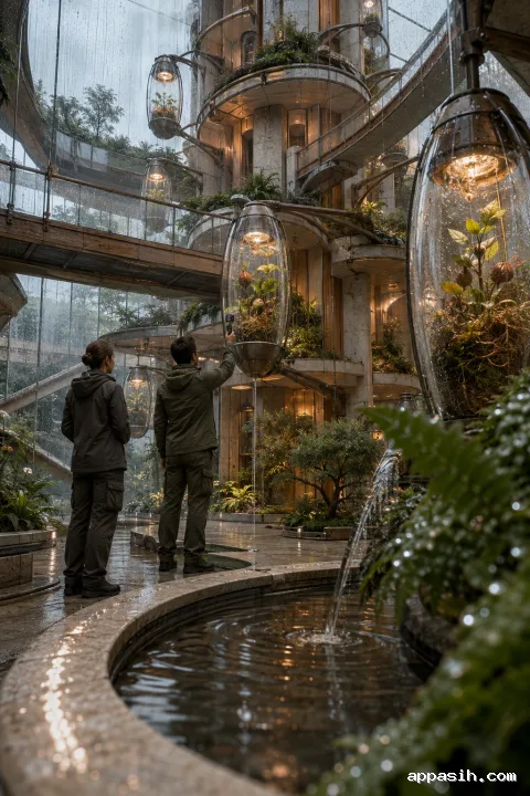 Detailed portrait concept art of Rainspire Seedlight Observatory from a low three-quarter viewpoint, showing the cylindrical seed tower, suspended botanical chambers, rain-fed basin, lush terraces, and two anonymous researchers examining a chamber.