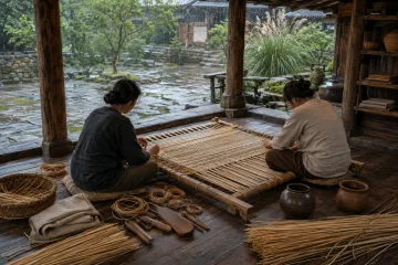 Two anonymous artisans weave a large natural reed mat by hand beneath a traditional timber veranda overlooking a rain-soaked garden courtyard.