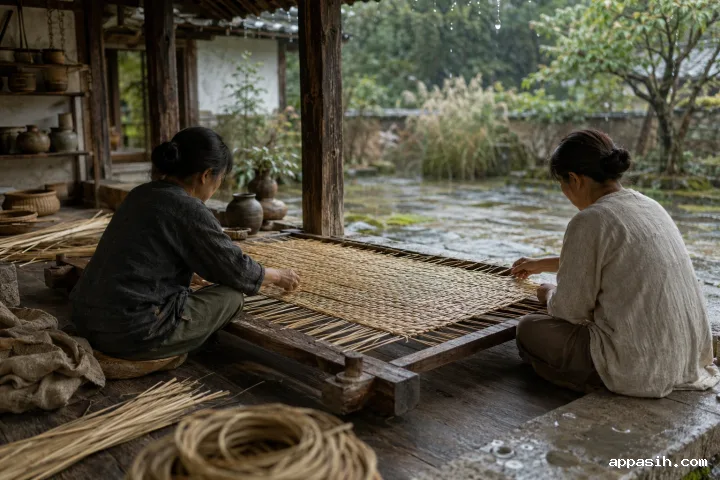 Close three-quarter view of two anonymous artisans hand-weaving an unfinished natural reed mat beneath a weathered timber veranda as gentle morning rain falls into the garden courtyard.