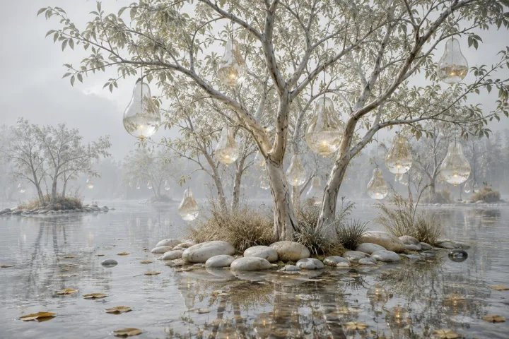 Surreal translucent fruit orchard rising from shallow reflective water in gentle morning rain, with floating glasslike pears and misty trees.
