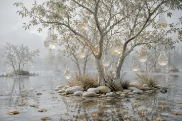 Surreal translucent fruit orchard rising from shallow reflective water in gentle morning rain, with floating glasslike pears and misty trees.