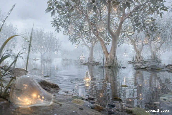 Close three-quarter view of a surreal translucent orchard above reflective rainwater as a glowing glasslike pear touches the surface and creates a circular ripple.