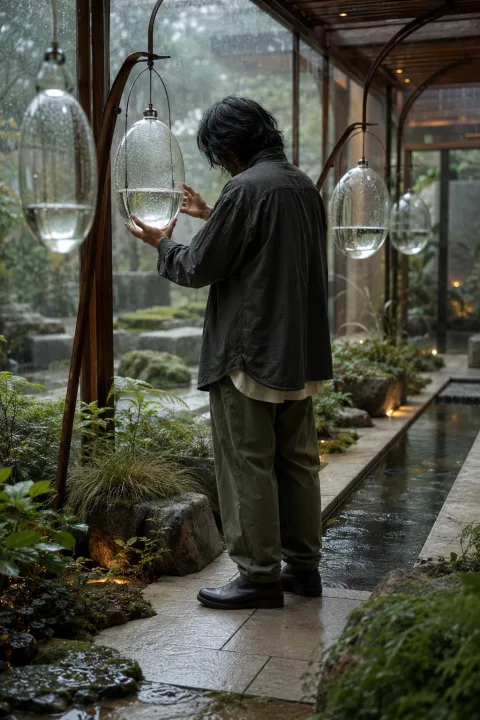 Anonymous garden keeper in muted clothing tending suspended transparent dew collectors inside a serene rain-soaked botanical sanctuary.
