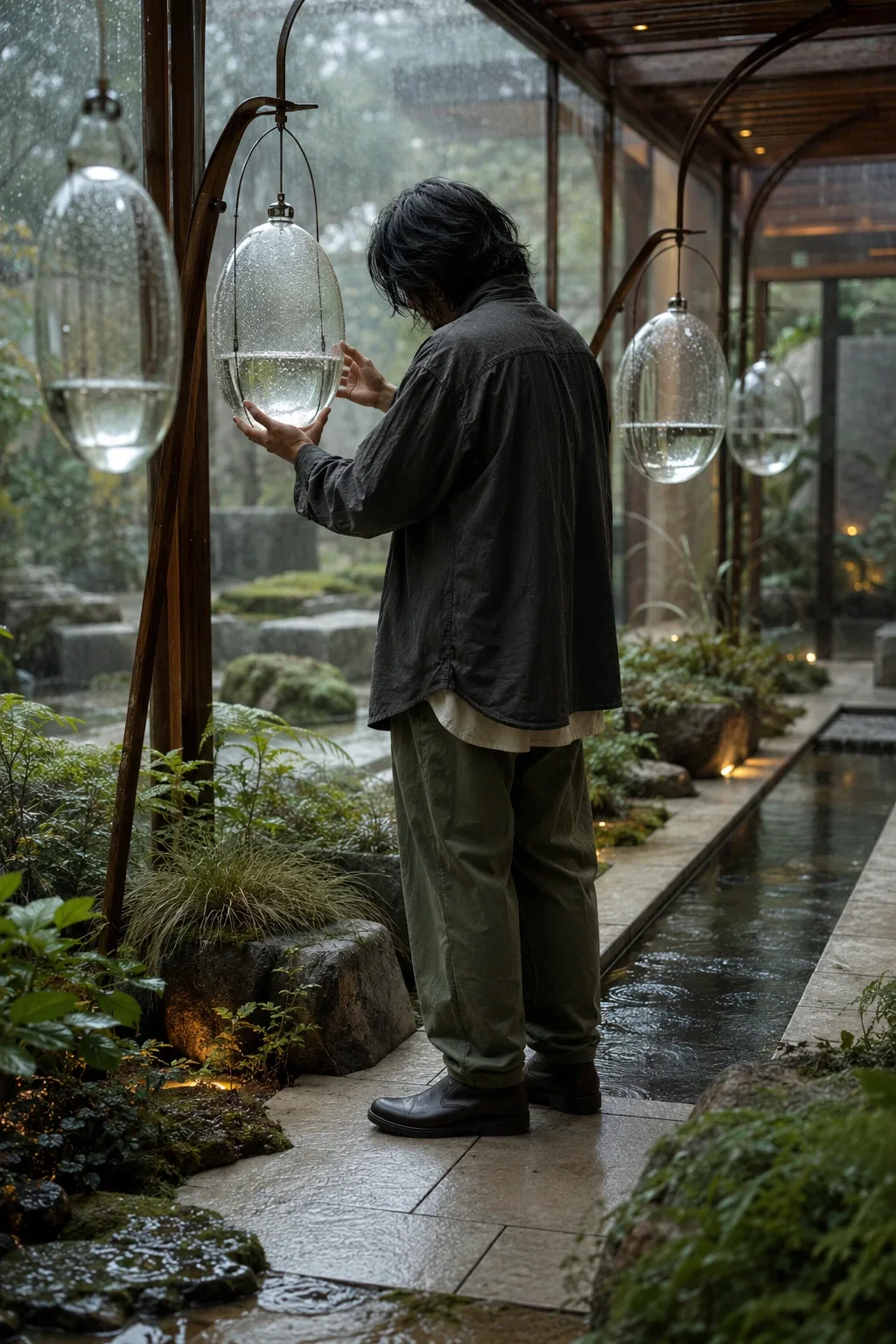 Anonymous garden keeper in muted clothing tending suspended transparent dew collectors inside a serene rain-soaked botanical sanctuary.