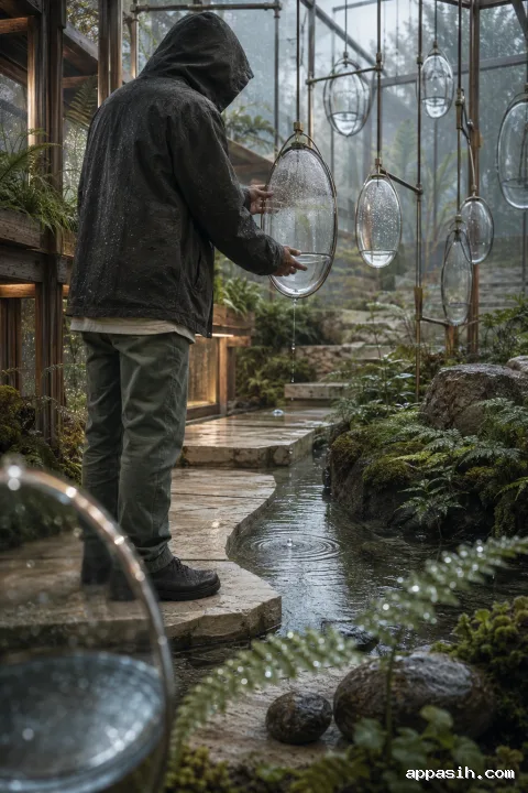 Closer three-quarter portrait view of an anonymous dewcatcher garden keeper releasing a suspended glass collector as a rain droplet falls into a reflective water channel.